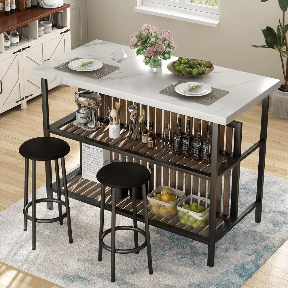 

3-Piece Pub Set, 2 Bar Stools, Marble Dining Set for 2, Counter Height Table with Storage, White Kitchen Island