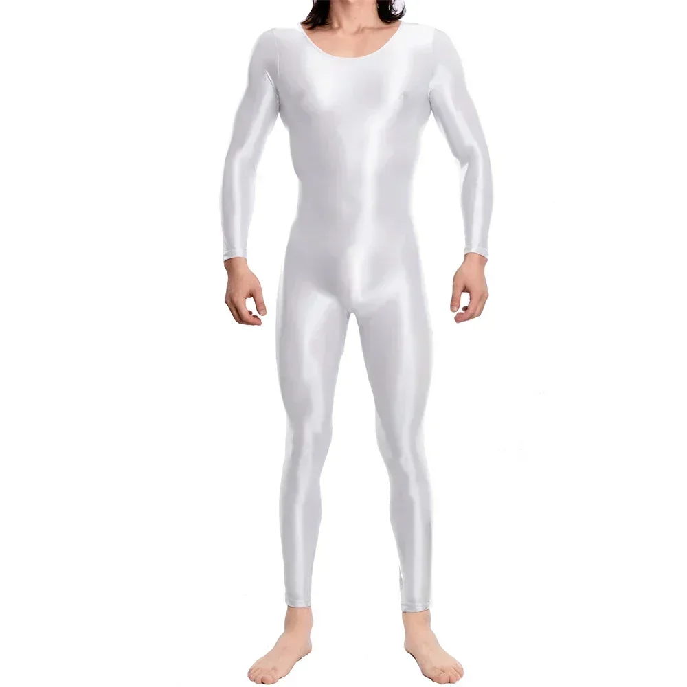 Men's Smooth One-piece Undershirts Shiny Swimwear Jumpsuits Long Sleeve Wrestling Singlet Glossy Rompers Fitness Yoga Leotard