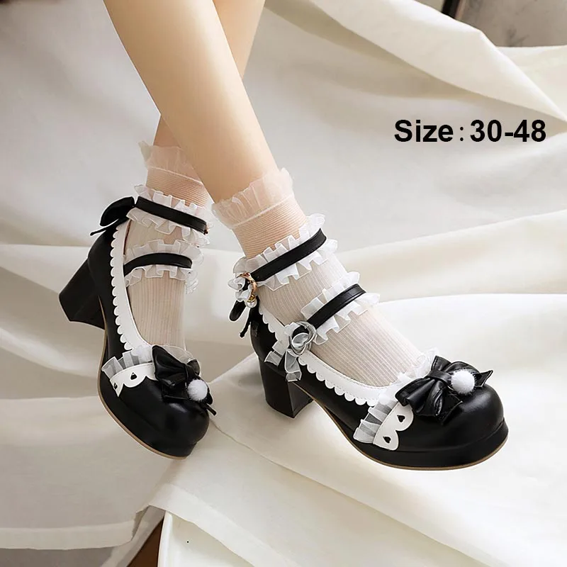 Sweet Mary Jane Ruffles Bowknot Lace High Heel Bordered Princess Lolita Party Wedding Shoes Cosplay Sissy Men Cross-dressing