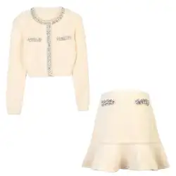 Luxury 2025 Spring Autumn Knitted Dress Two Piece Set Women's Crystal Cardigans Short Skirts Suits 2pcs Outfits Matching Set