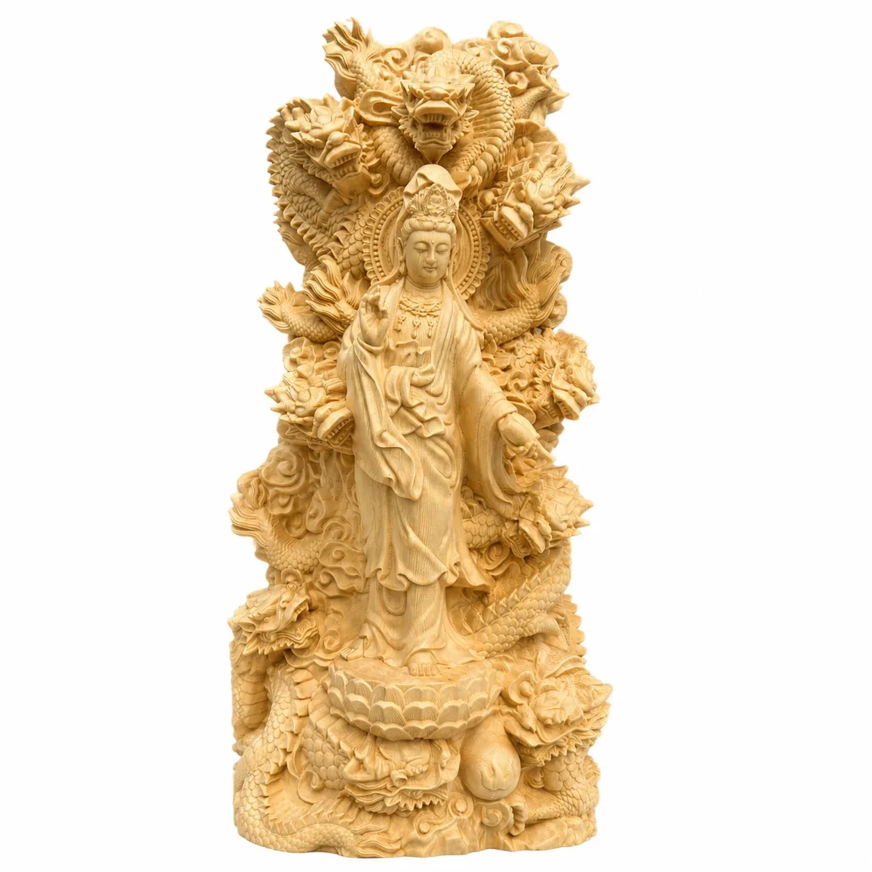 Hand Carved Hinoki Wood Nine Dragons Guanyin Statue for Chinese Buddhist Zen Home Living Room Temple Altar Decor Gift