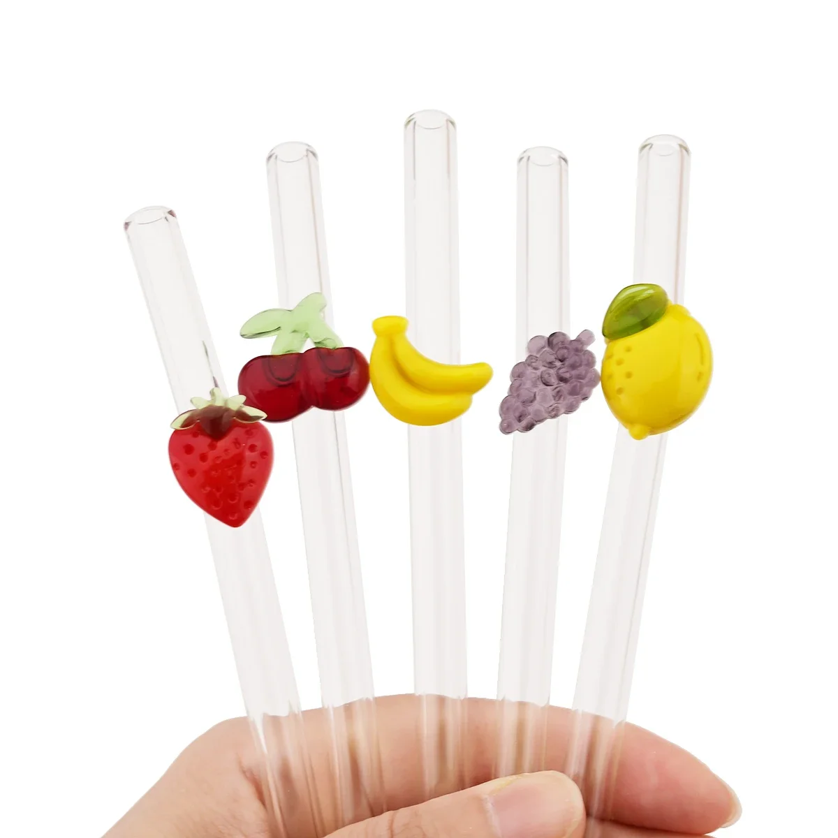5pcs High Borosilicate Glass Straw Set Fruit Creative Stickers Straw Milk Tea Juice Cocktail Straw with Brush Bar Accessories
