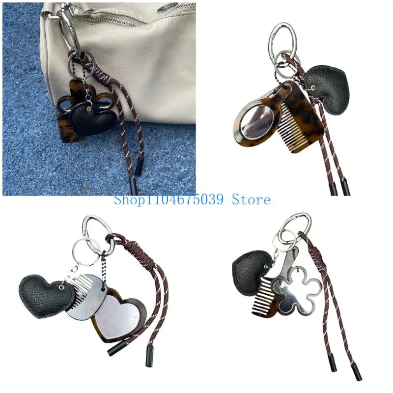 5asd Travel Friendly Keychain Comb and Mirror Accessory Featuring Braided Rope Designs Ornament for Convenient Portability