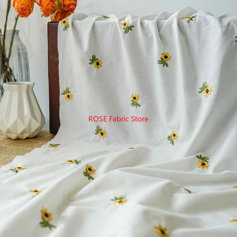 

Yellow Daisy Embroidered Cotton Fabric For Bridal Dress, Summer Dress, tabletop, clothes sewing