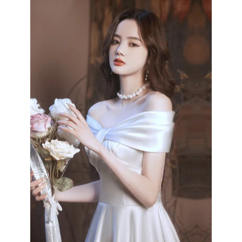 GIYSILE 2025 新白のイブニングドレス婚約弓サテンドレープ簡単なフォーマルドレス女性エレガントなパーティードレス女性イブニング