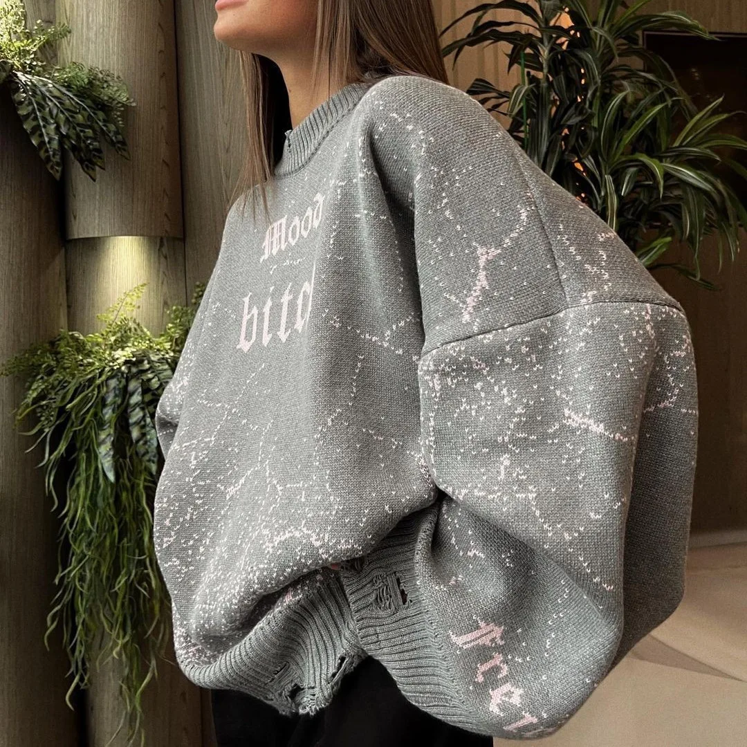 

Womens Punk Gothic Sweater Loose Oversized Striped Ripped Pullover Knit Sweaters Long Sleeve Pullover Ripped Crop Top Sweater