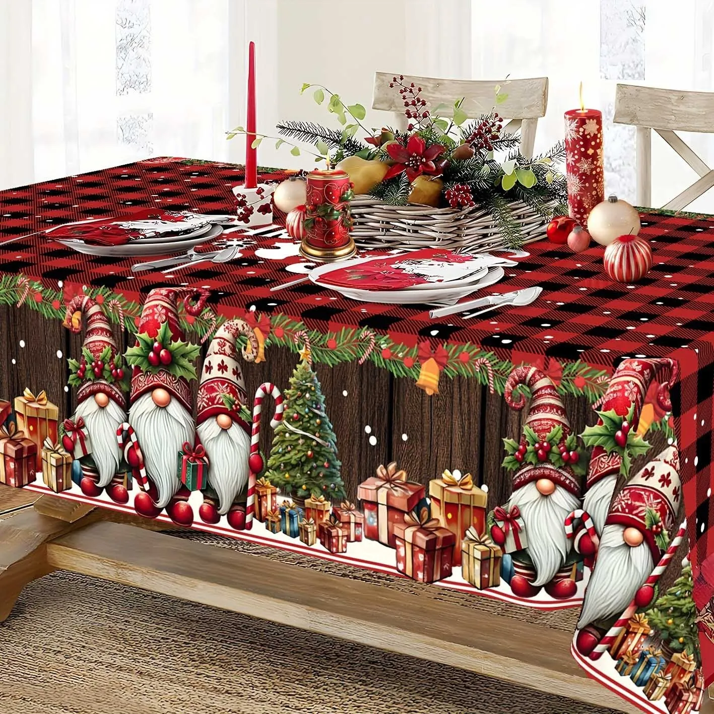 1pc Christmas Gnome Trio Tablecloth with Red Buffalo Check - Rustic Farmhouse Gnomes Design, Fabric Suitable for Indoor/Outdoor