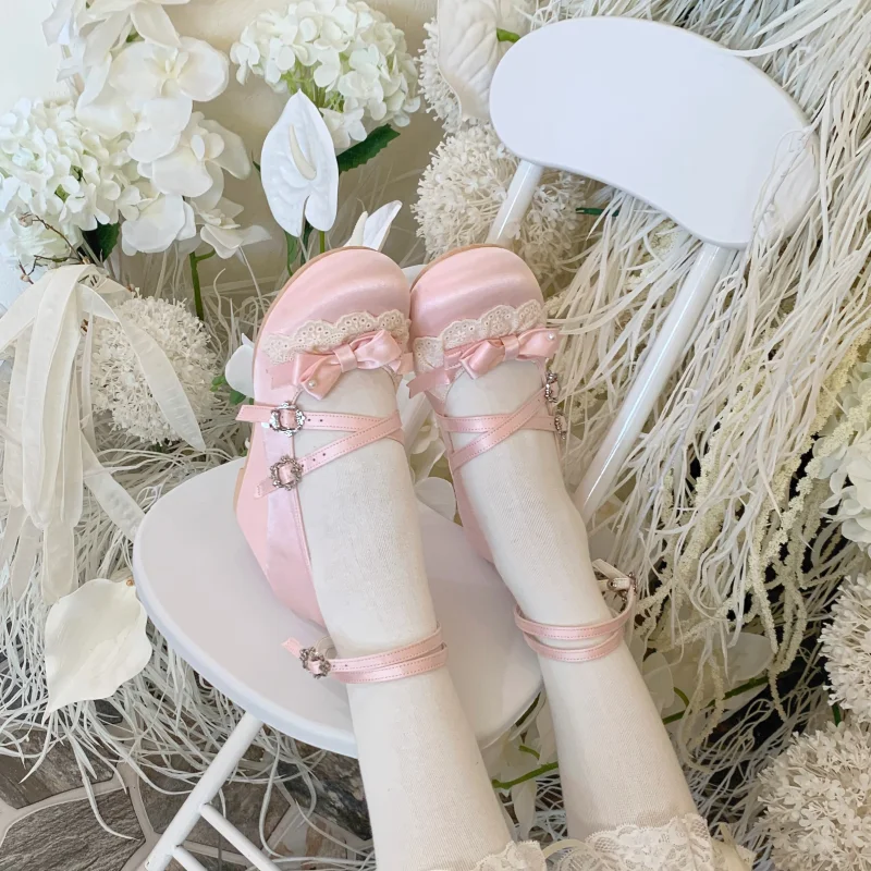 

Japanese Original Sweet Pink Lolita Shoes Soft Girl Elegant Anti-satin Cute Doll Feeling Bow Lace Wedge Heels High Heels Women