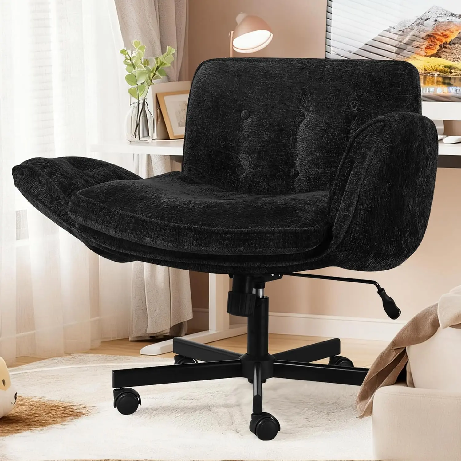 Criss Cross Chair with Wheels & Arms, Chenille Cross Legged Office Chair with 5-level Folding Armrest, Comfortable, Customized