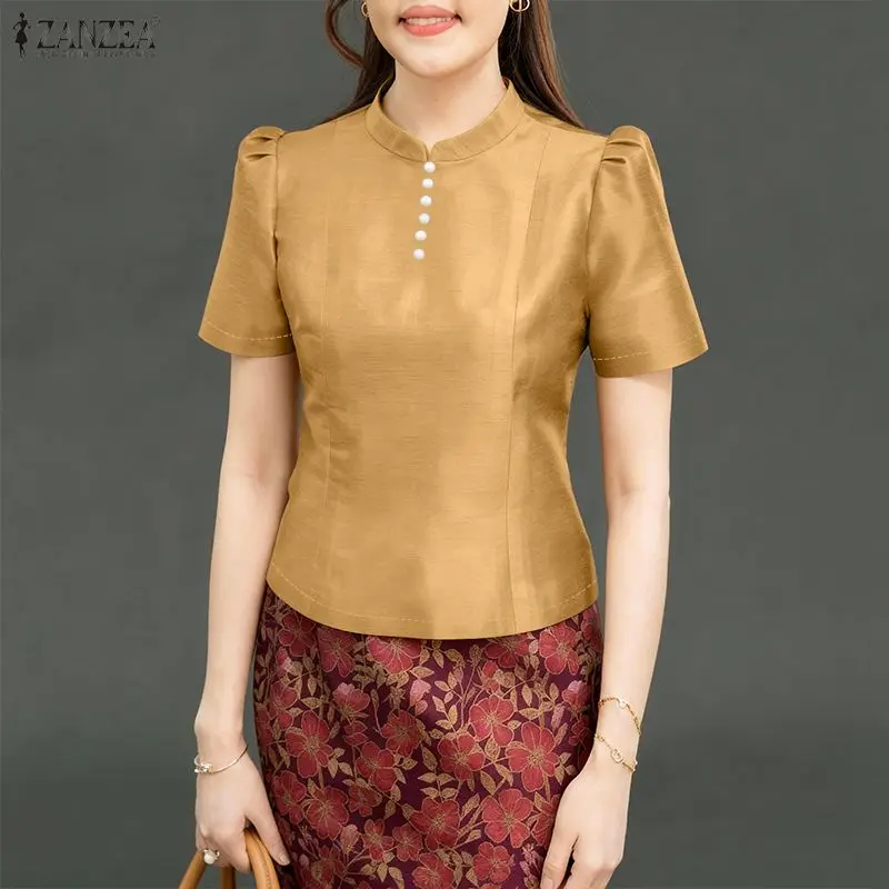 

Элегантные стильные атласные блузки женские винтажные с воротником-стойкой с короткими рукавами на молнии сзади облегающие однотонные короткие топы женская одежда