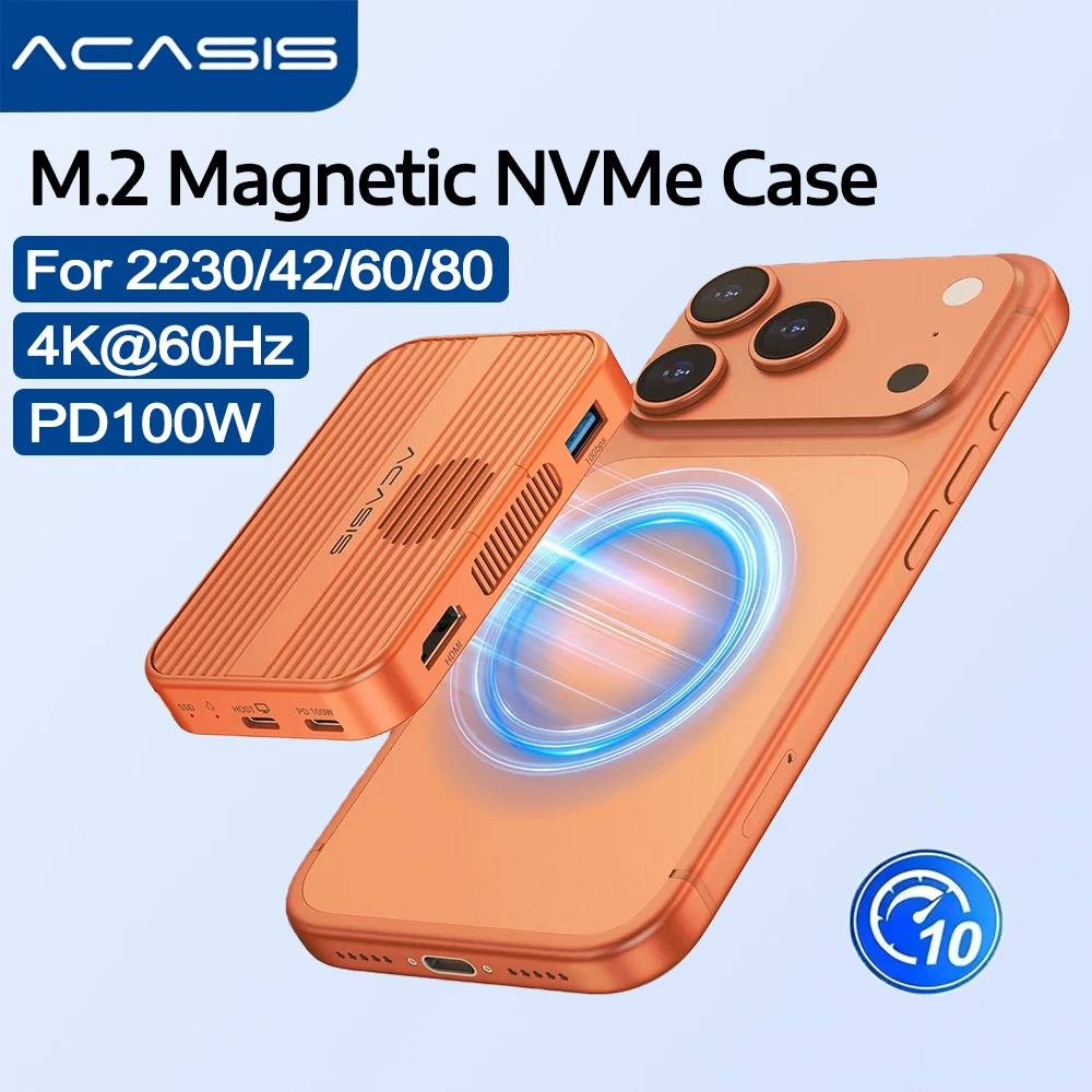 

Магнитный корпус Acasis 10 Гбит/с для M.2 NVMe SSD, док-станция USB-C 6-в-1 с охлаждающим вентилятором для iPhone 17/17 Pro/iPhone 16/16 ﻿