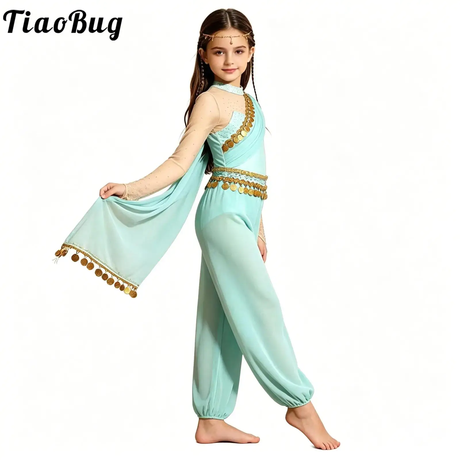 Kids Girls Indian Arabian Princess Belly Dance Costume Long Sleeve Sequin Tassels Drapey Jumpsuit for Halloween Carnival Cosplay