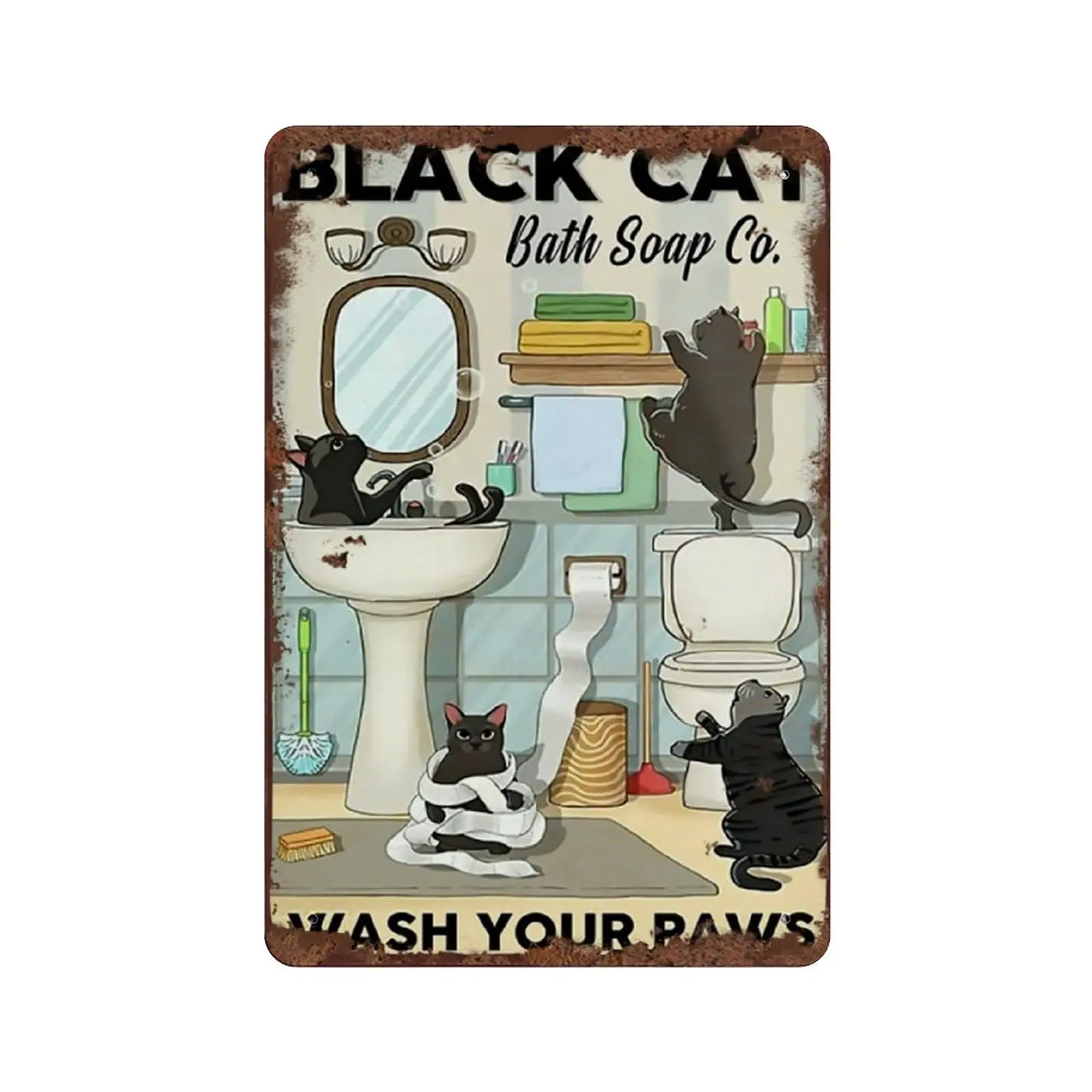 Graman Cat Tin Sign Black Cat Bath Wash Your Paws Funny Cats Bathroom Wall Decor Vintage Metal Sign Plaque Metal Funny Tin Sign