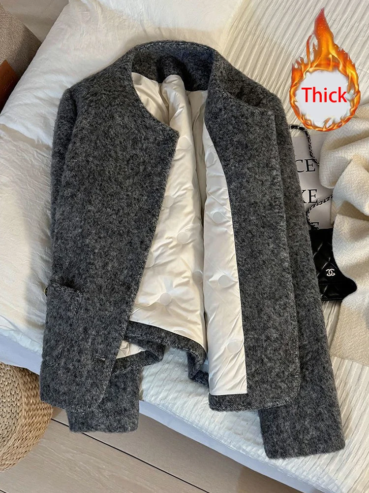 Zoki Winter Faux Woolen Gray Coat Women Vintage Thick Warm Long Sleeve Slim Jacket Casual O Neck Female Korean Elegant Retro Top