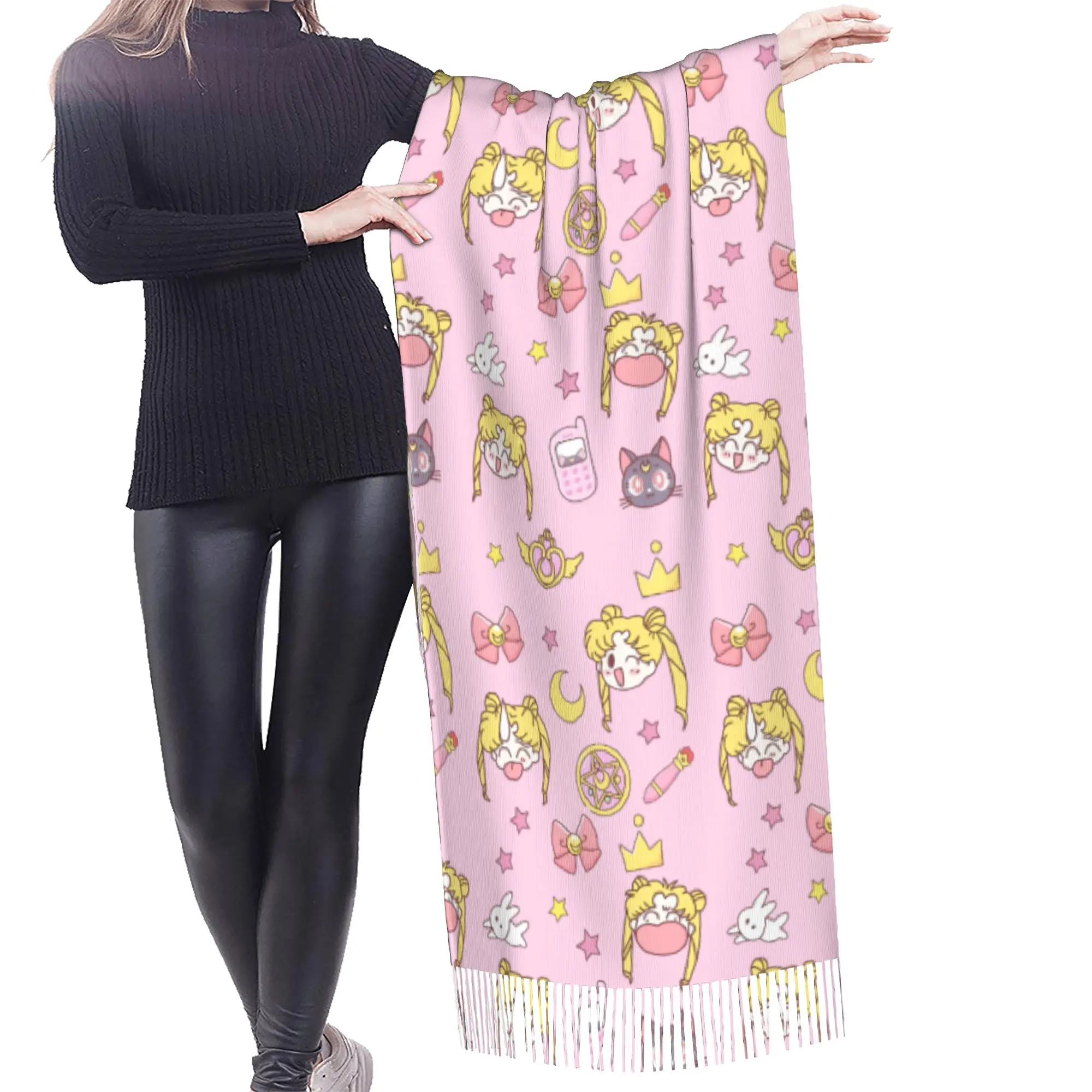 Custom Sailored Manga Anime Mooned Tassel Scarf Women Soft Usagi Tsukino Shawls Wraps Ladies Winter Fall Scarves