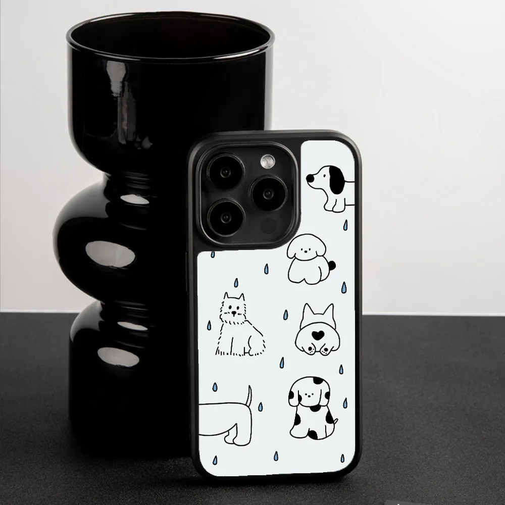 Line Raindrops Fill The Screen Small Dog Illustration Black Frame Black Border Phone Cover Case for IPhone 16 15 14 13 12 ProMax