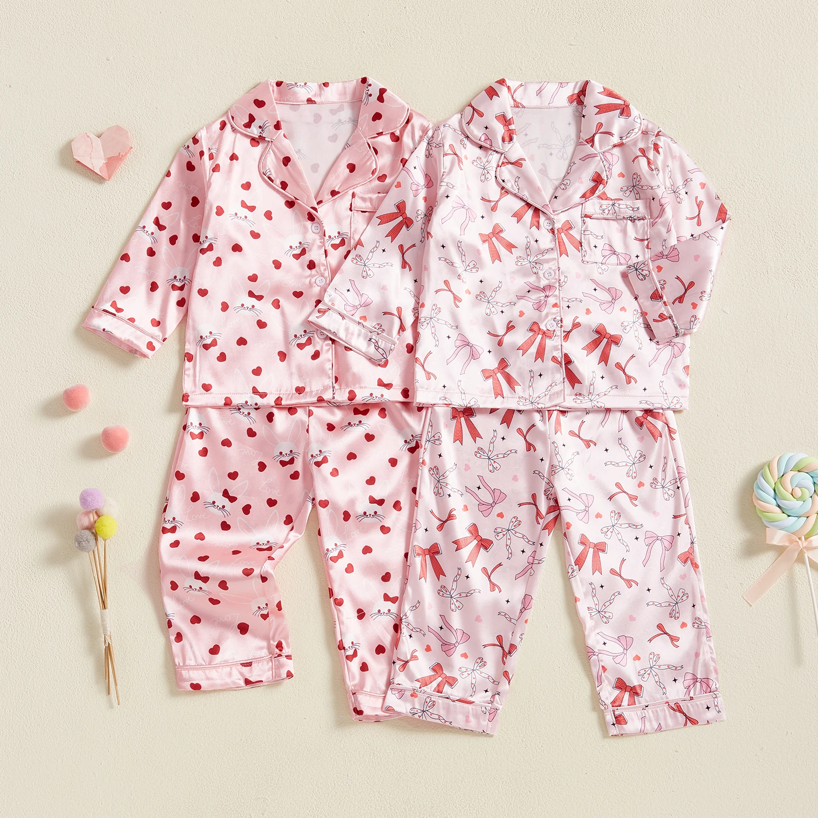 Baby Girls Satin Pajamas Cat/Bow Print Button Long Sleeves Shirt with Elastic Pants for Loungewear Sleepwear