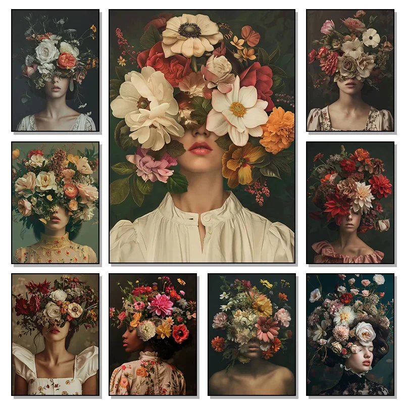 Beauty Sexy Woman with Colorful Flower Floral Head Poster Print Wall Art Pictures Canvas Painting Living Room Home Decor Gift