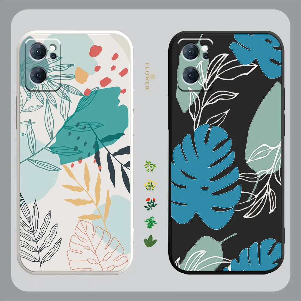 Liquid Silicone Case For Oppo Reno 9 8 7 7SE 6 5 4 4SE 3 Pro Plus 4G 5G Cover Abstract Plants Leaf Colour Fundas Cqoues Shell