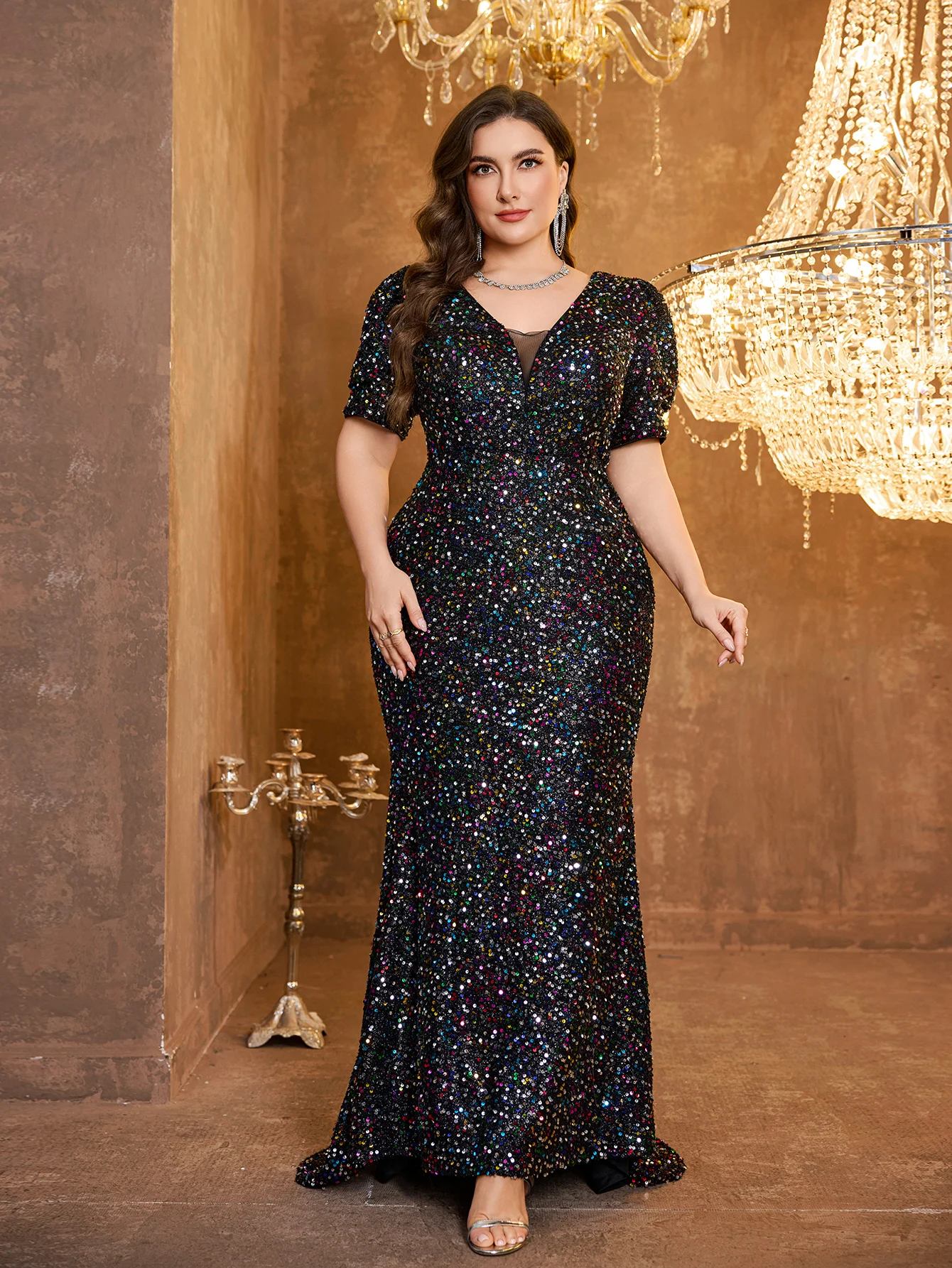 

UNITHORSE Plus Women's Elegant V-Neck Short Sleeve Sequin Bowknot Decoration Slim-Fitting Maxi Temperament Evening Dress