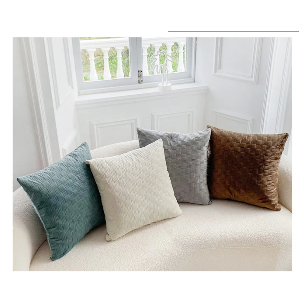 CIFBUY Mall Nordic Punching Process Checkered Velvet Cushion Cover 45x45cm Solid Color Decorative Throw Pillow Case for Sofa view 6