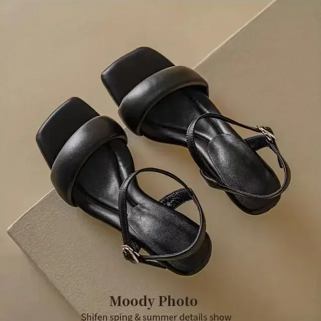 2024 Summer New Soft, Comfortable, Elegant Kitten Heel Small Medium Heel Large Square Head Open Toe Slim Toe Sandals