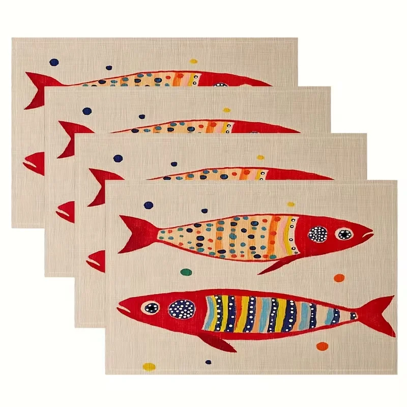 Vintage Colorful Fish Placemats Retro Ocean Animal Pattern Table Mats Nautical Coastal Home Kitchen Decor Table Placemat