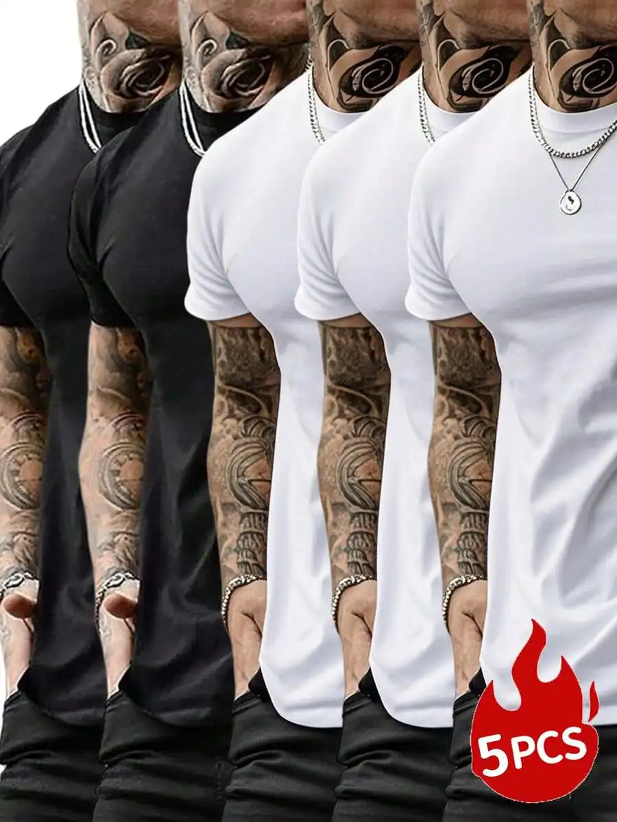 

5-Pack Men's Solid Color Slim Fit Short Sleeve T-Shirts for Summer Casual Wear