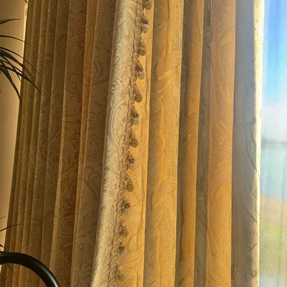 ダマスカスゴールドワイヤージャカードエンボス加工厚みのあるカーテン寝室リビングルームヴィラフレンチウィンドウカスタマイズされた完成品
