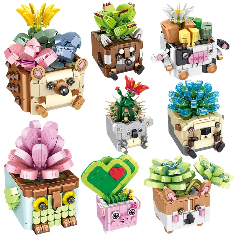 

City Succulent Plants Cactus Potted Building Blocks Friends Peony Flowers Home Furnishings Decoration Bricks Toys For Kids