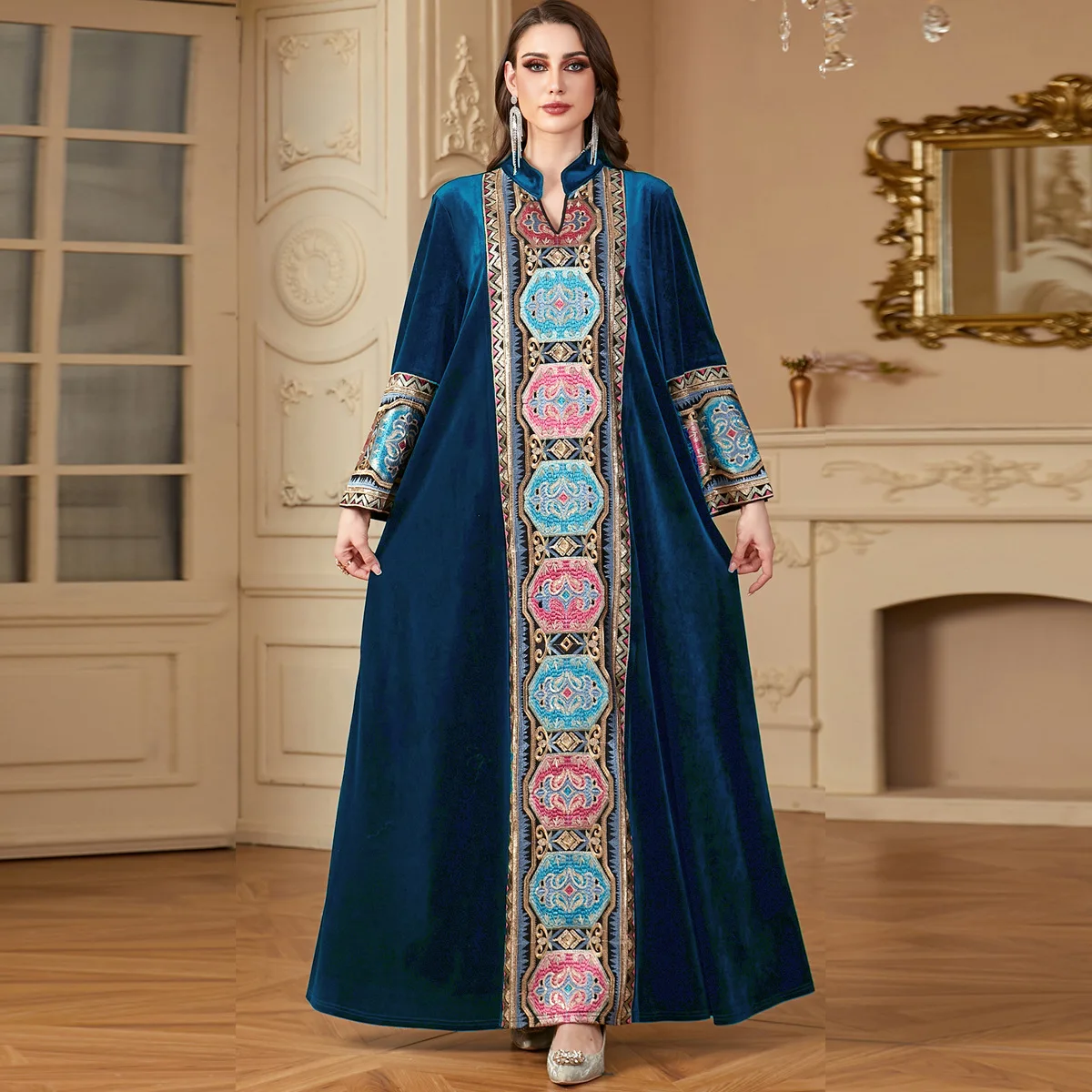 

Velvet Abayas Long Sleeve for Warm Women Muslim Embroidery Maxi Dress Turkey Kaftan Islamic Clothing Caftan Marocian Femme Robe