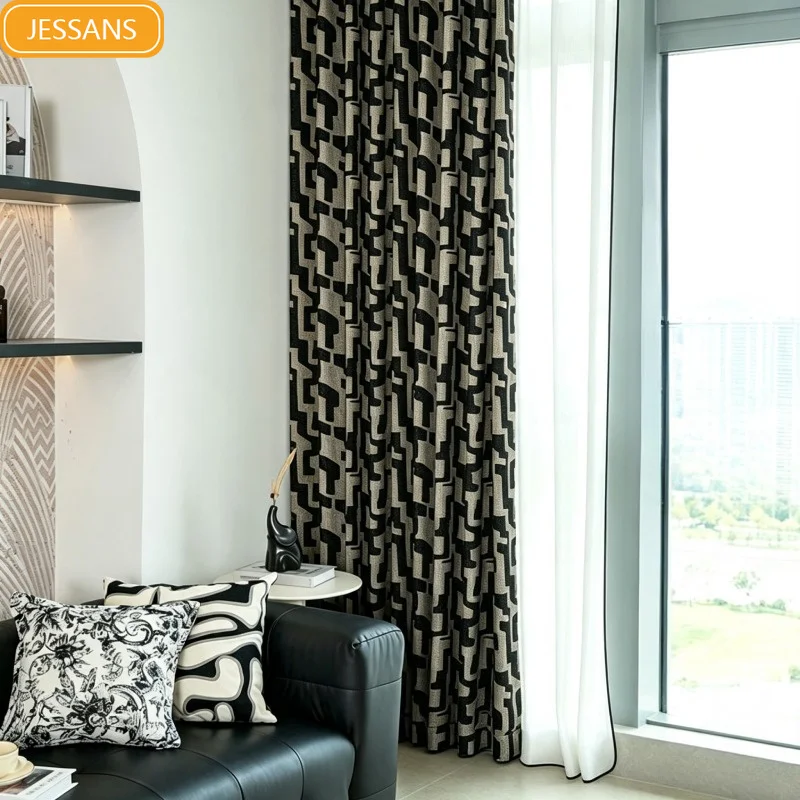 Italian Double Faced Chenille Gold Jacquard Black Thickened Curtains for Living Room Bedroom Customized Finished French Window