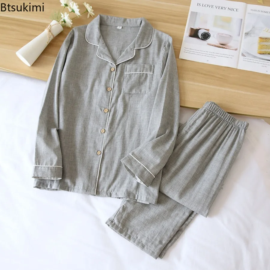 Spring/Autumn 100% Cotton Color-spun Yarn Pajamas Couple Long Sleeve Pants Pajamas 2PCS Women's Home Clothes Sleepwear Nightwear