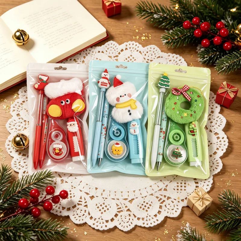 *_*Christmas Stationery Gift Set Christmas Goodie Bag Fillers Include Pen Eraser Correction Plush Pendant Student Christmas Gift