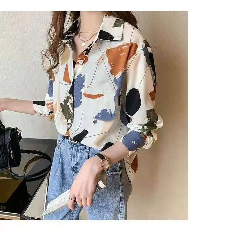Bedrukt chiffon shirt voor dames Lange mouwen Lente Nieuwe Koreaanse stijl Modieus Eenvoudig temperament Veelzijdige losse top