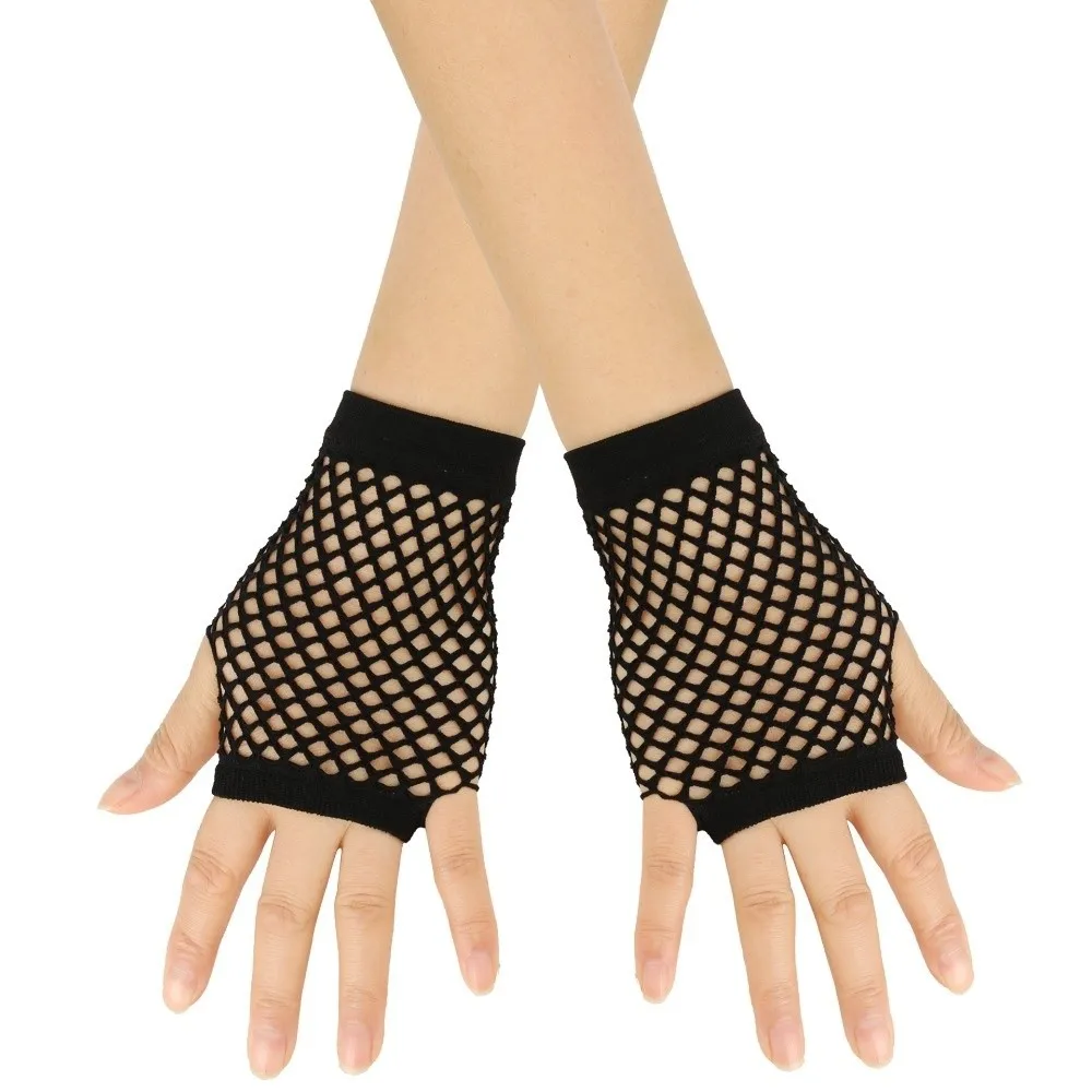 Sexy Fashion Web Design Short Fishnet Gloves Hollowed-out Elastic Fingerless Mesh Gloves Punk Rock Gloves Party Club
