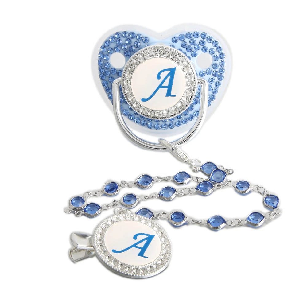 26 Letters Bling Blue Baby Pacifier with Gem Bead Chain Gem Clip /Teether Toy