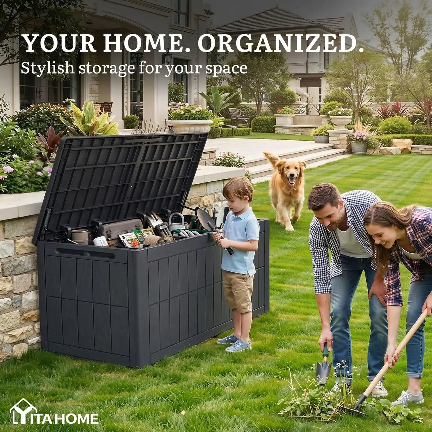 134 Gallon Outdoor Storage Box with Lock, Waterproof Deck Box with Hydraulic Piston for Garden Tools, Pool Accessories