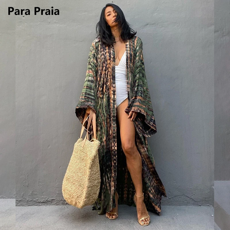 Para Praia Kimono Beach Robe Bat Shirt Bikini Cover Ups Beachwear Maxi Long Dress Sarong Women Loose Cardigan Swimsuit Covers