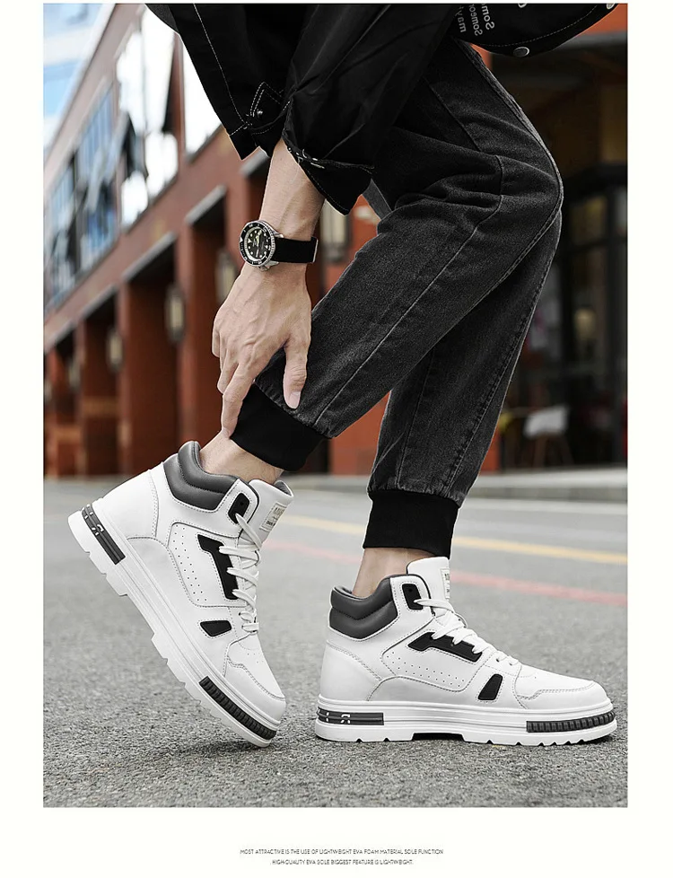 New Height Increasing 6/8CM Men's Leather Boots Breathable Casual Shoes Athletic Jogging Gym Shoes Fashion Leather Sports Shoes