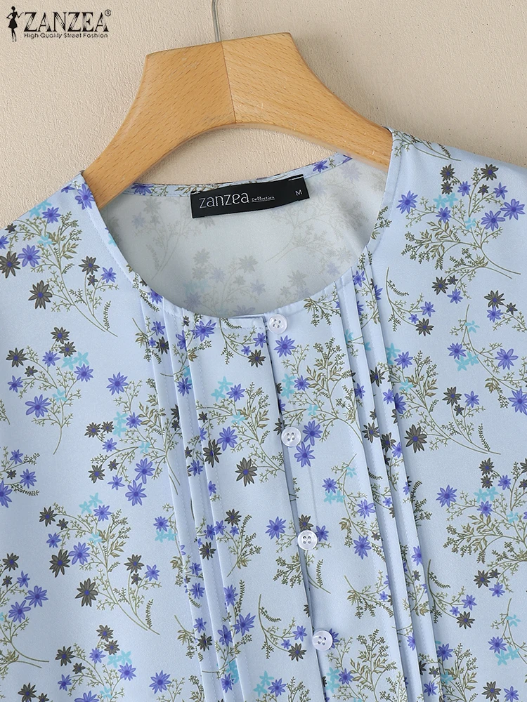 ZANZEA Mode Pintuck Chemise Femme Casual Ditsy Bloemen Gedrukt O-hals Verstoorde Zoom Tops Zomer 3/4 Lantaarn Mouw Dames Shirts