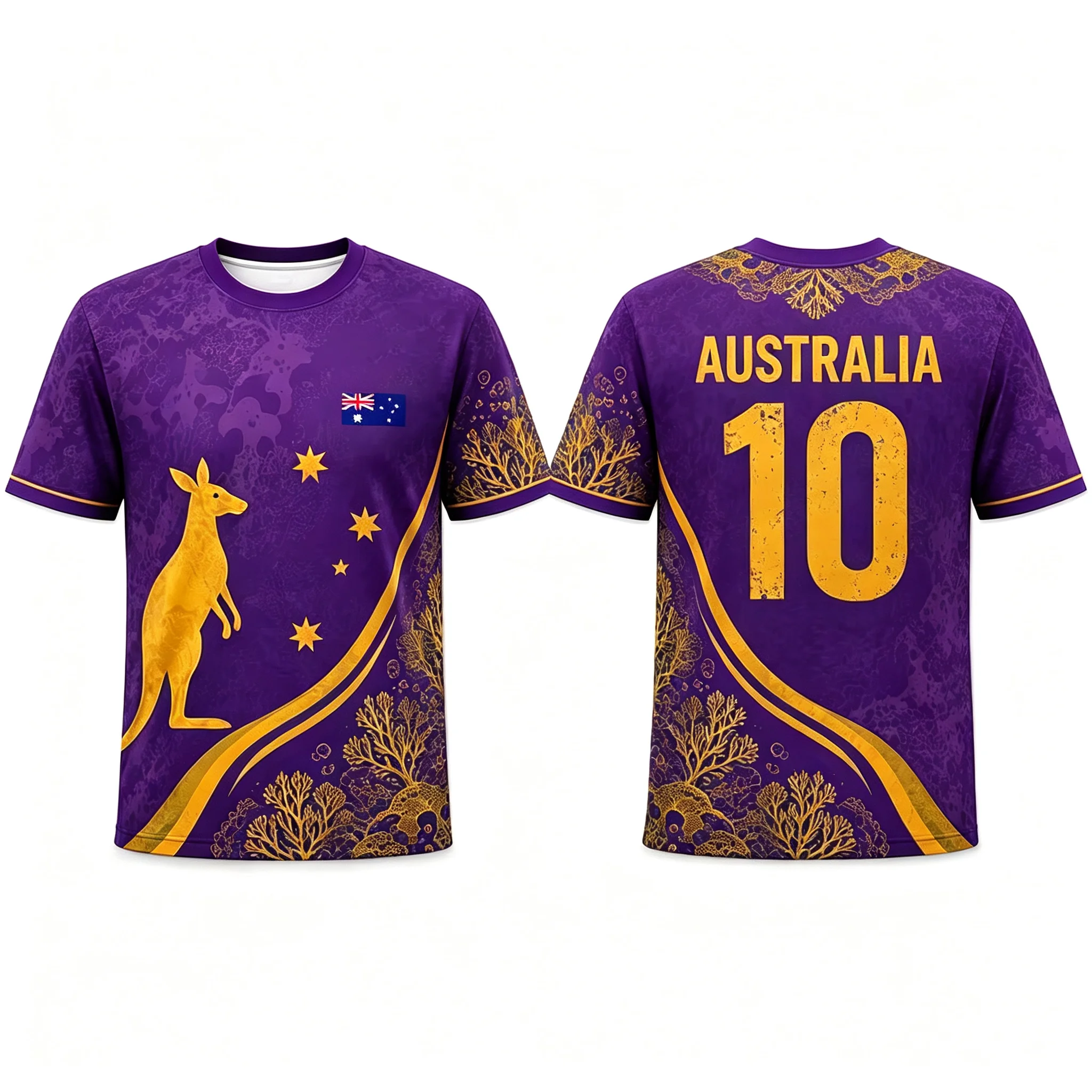 Australian No.10 football jersey kangaroo flag coral full screen printed mesh breathable men's fan sports short sleeved T-shirt