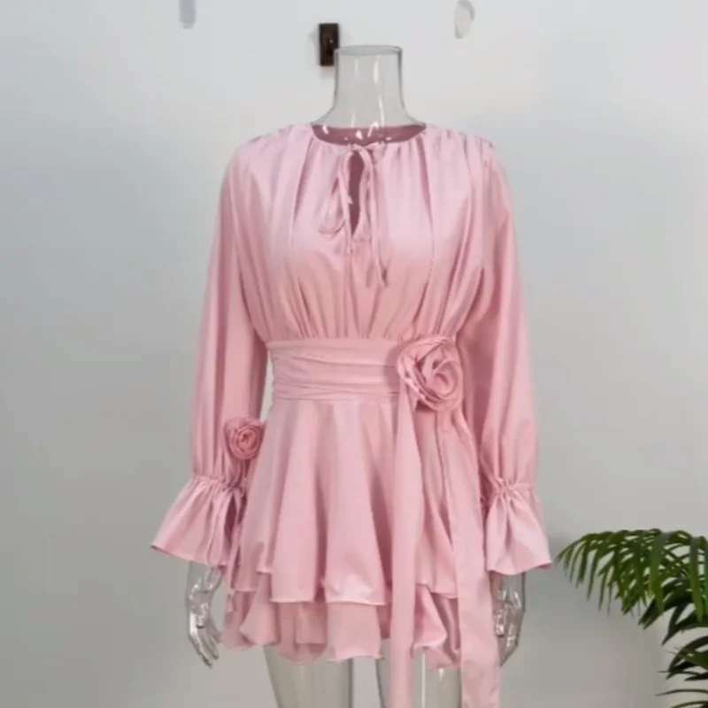 

Sweet Pink 3d Flower Ruffle Hem Dress For Women Chic V-neck Flared Sleeve Lace Up Mini Dresses 2025 Daily Commute Street Robes