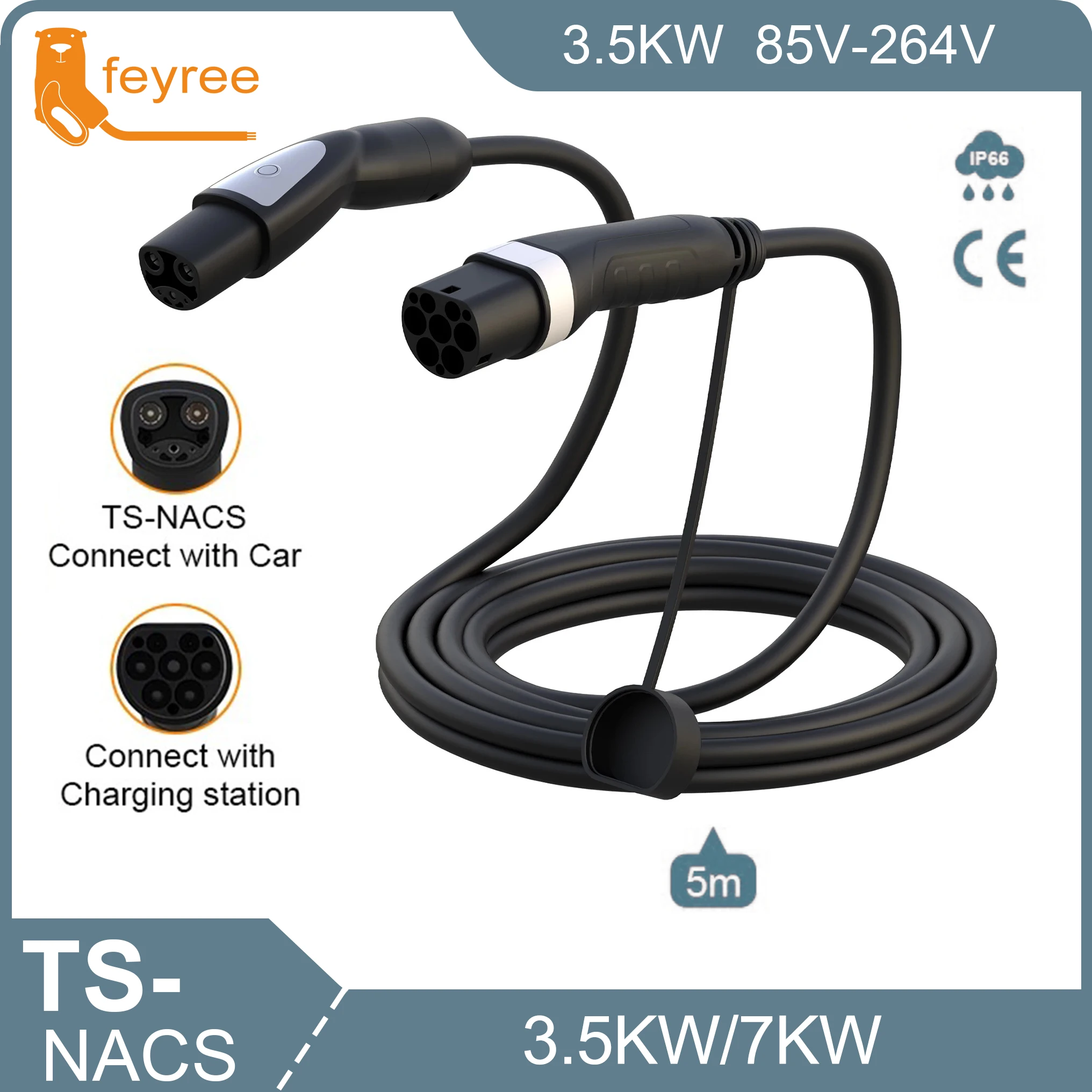 

feyree 16A 3.5KW 32A 7KW 1Phase Type2 to Tesla NACS Socket EV Charger Cable for Tesla Model 3 Y X S for Public Charging Station