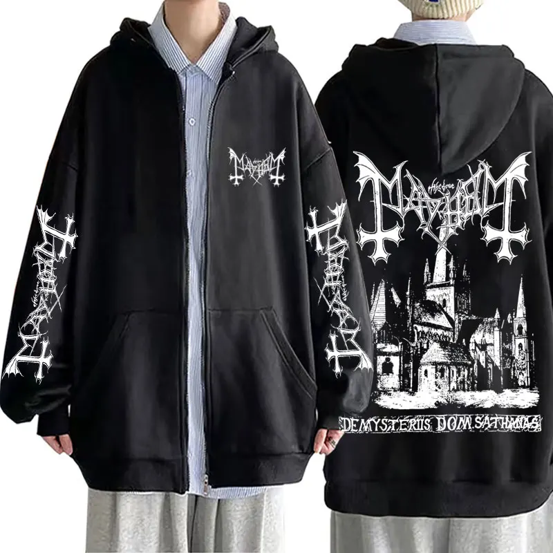 Mayhem De Mysteriis Dom Sathanas Zipper Hoodie Men Death Black Metal Rock Band Zip Up Jacket Men's Oversized Zip Up Sweatshirt