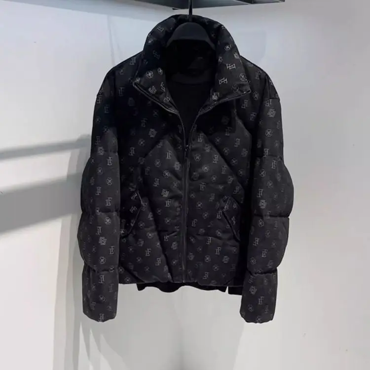 Winter down jacket men's trendy brand ins short thickened stand-up collar tooling black casual jacquard duck down jacket