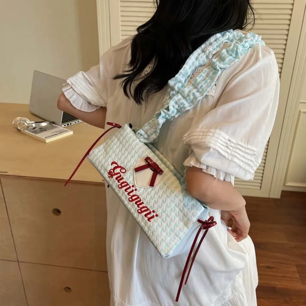 

Drawstring Shoulder Strap French Stick Handbag Bow Ribbon Contrast Color Plaid Shoulder Bag Large Capacity Embroidered Letters