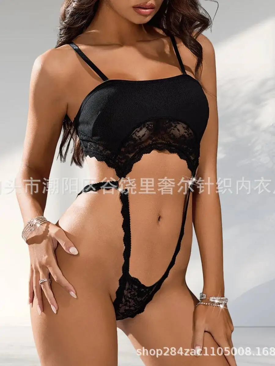 Lace Playful Fun New Design Patchwork Metal Buckle Bra Halter Backless Deep V Suspenders Sleeveless Bodysuits Mesh Charming 6X63