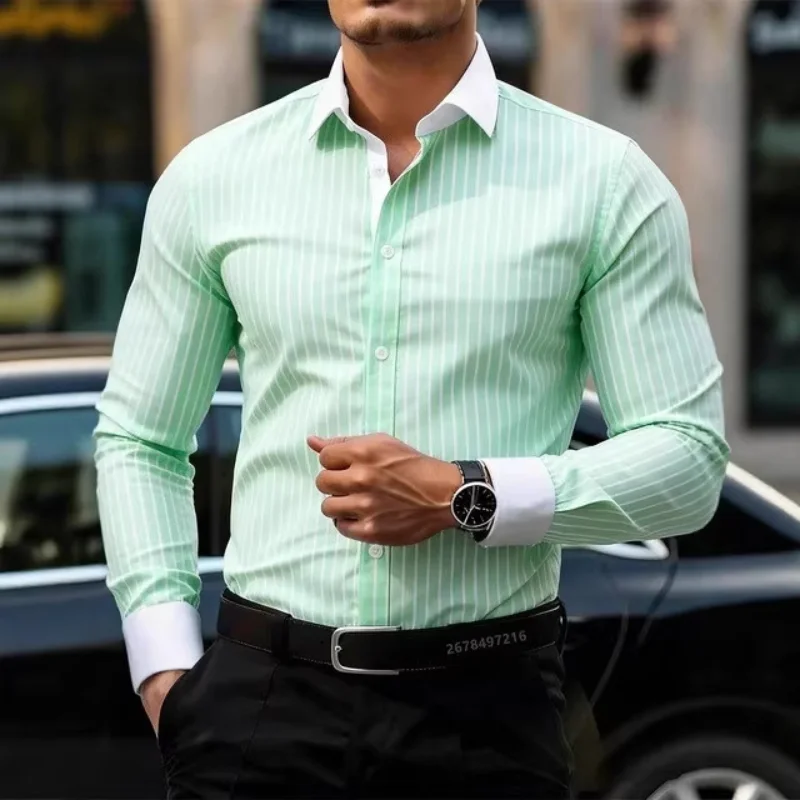 Men Business Casual Striped Long Sleeve Shirt Contrast Collar Cuff Design Fashion Mens Shirt