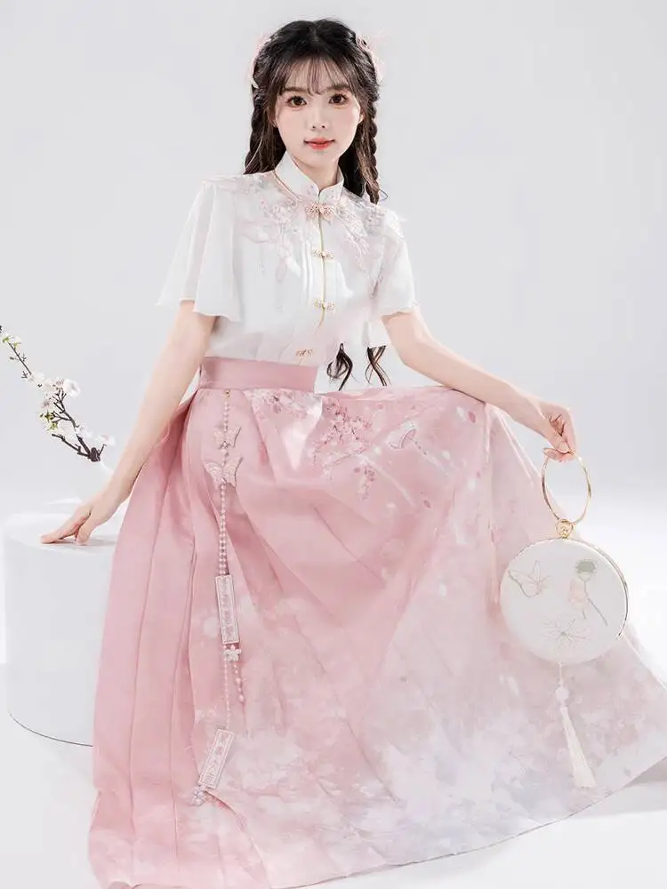 

Новая женская рубашка с плечами в китайском стиле в национальном стиле Han Elements Hanfu Guofeng Cloud, улучшенная розовая юбка с конским лицом, повседневная